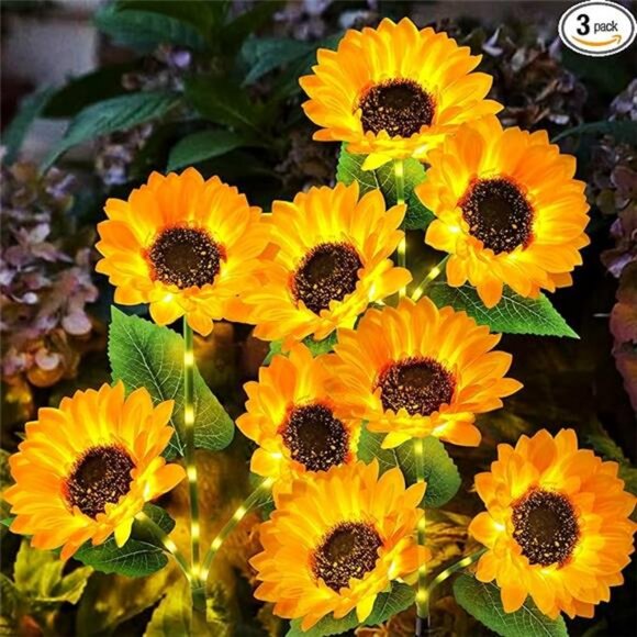 Solar Lights Outdoor Garden Decor - Upgraded 3 Pack with 9 Sunflower - Picture 7 of 7
